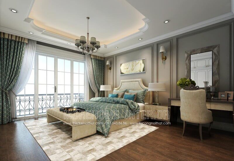 Thiết kế nội thất phòng ngủ biệt thự cao cấp với mẫu giường ngủ bọc nỉ đẹp tân cổ điển