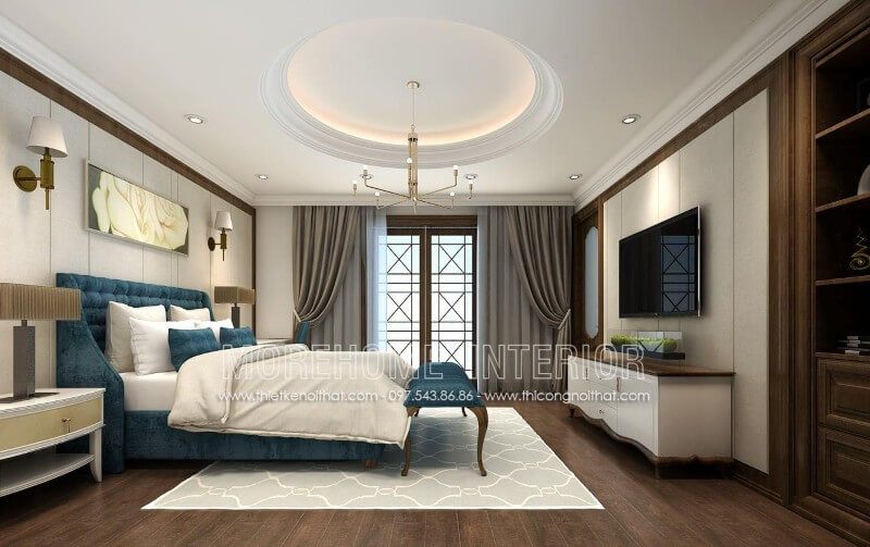 Trang trí nội thất phòng ngủ biệt thự cao cấp tại Hà Nội với mẫu giường ngủ gỗ óc chó nhập khẩu bọc nỉ nhung ấn tượng