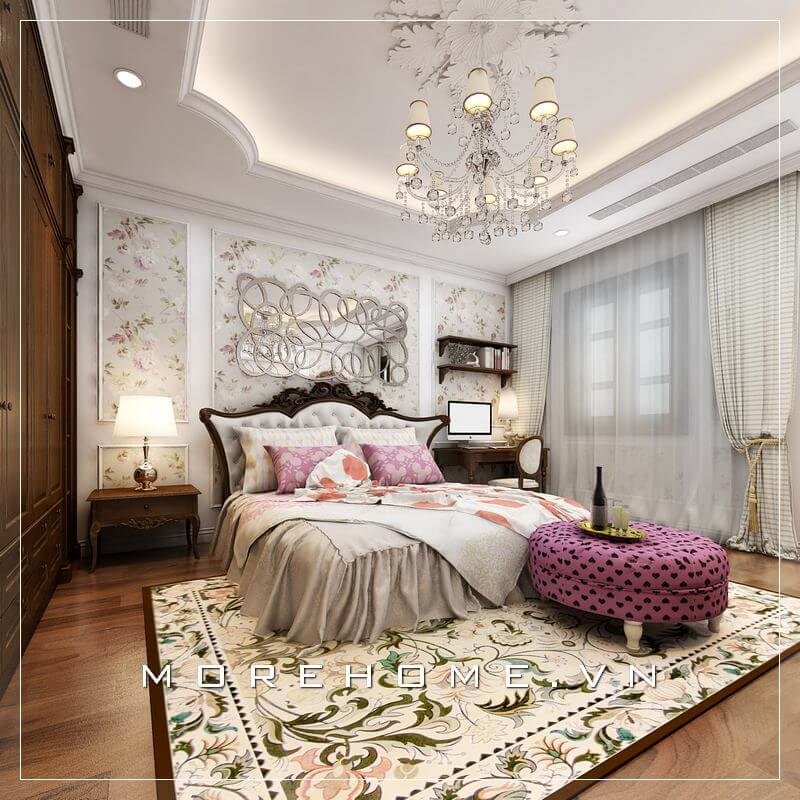 Thiết kế phòng ngủ chung cư tân cổ điển sang trọng, chiếc giường ngủ gỗ óc chó bọc da đầu giường trở thành điểm nhấn lý tưởng cho cả không gian này