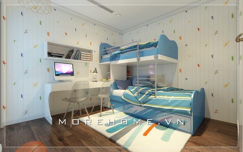Gợi ý mẫu nội thất phòng ngủ con trai cho nhà chung cư nhỏ, chiếc giường tầng gỗ công nghiệp được lựa chọn tạo sự rộng thoáng hơn cho cả căn phòng